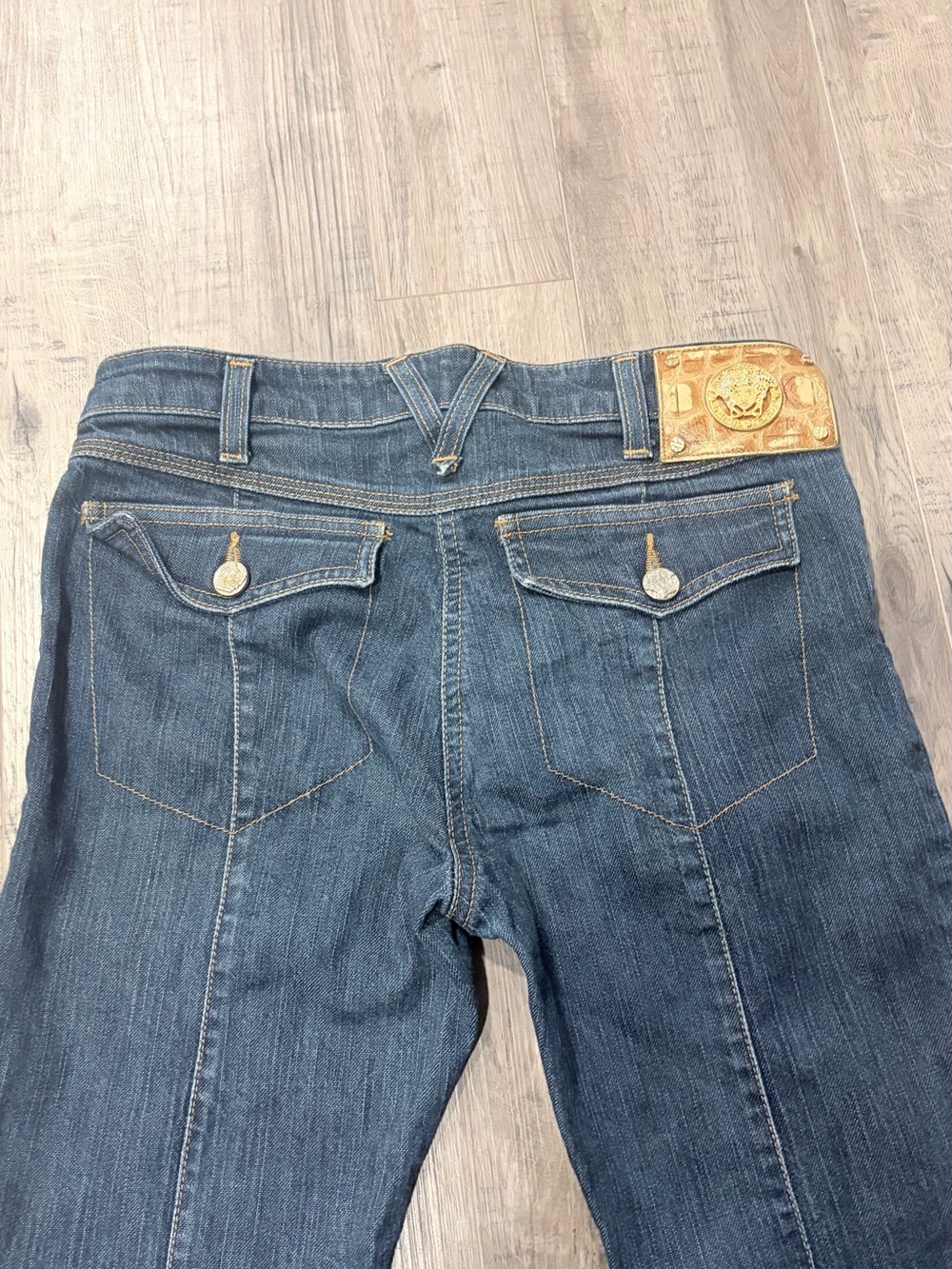 Versace Dark Blue Straight Leg Jeans with Gold Embellished Patch From 90s-00s